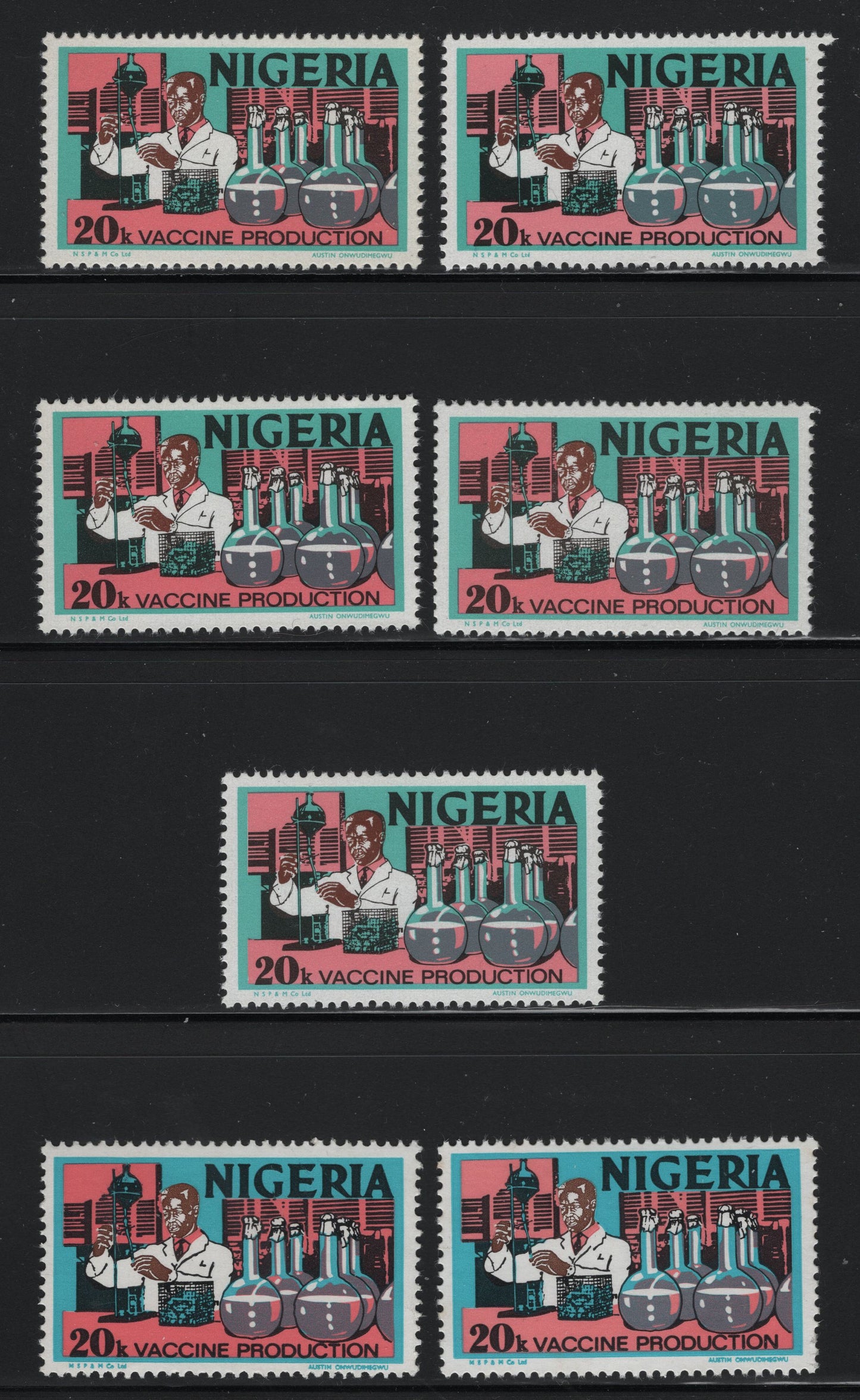 Lot 479 Nigeria #301 20k Vaccine Production, 1973-1974 Nigerian Life & Industry Definitive Issue, Lithographed, 7 VFNH Singles Various Shiny Gum Arabic & PVA Gum Printings On Different Fluorescent Papers, With Shades, Different From Lot 478