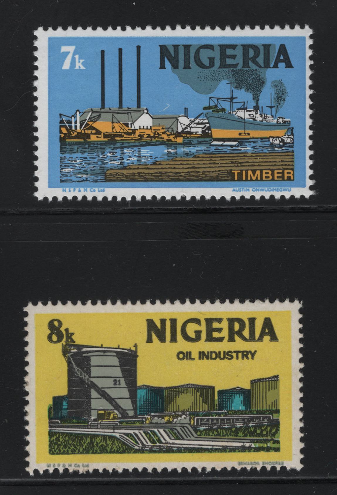 Lot 479 Nigeria #295a-296a 7k, 8k Multicoloured Timber & Oil Industry, 1975-1986 Nigerian Life & Industry Definitive Issue - Watermarked, 2 Fine & VFNH Singles On Different Papers With Different Shades, Different From Lot 480