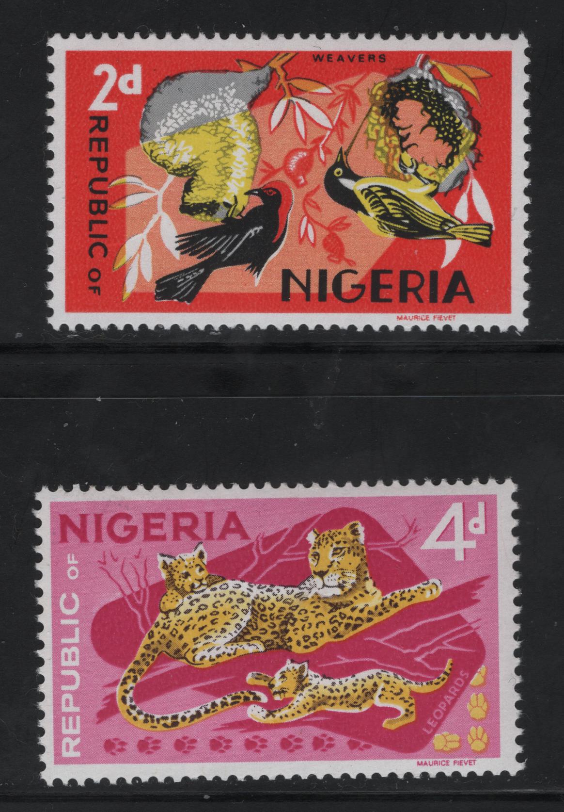 Lot 479 Nigeria #187a, 189b 2d, 4d Multicoloured Weavers & Leopards, 1965-1966 Wildlife Issue, 2 VFNH Singles 1970 Enschede Printings On HB/HB and HB/HF Paper, Smooth PVA gum