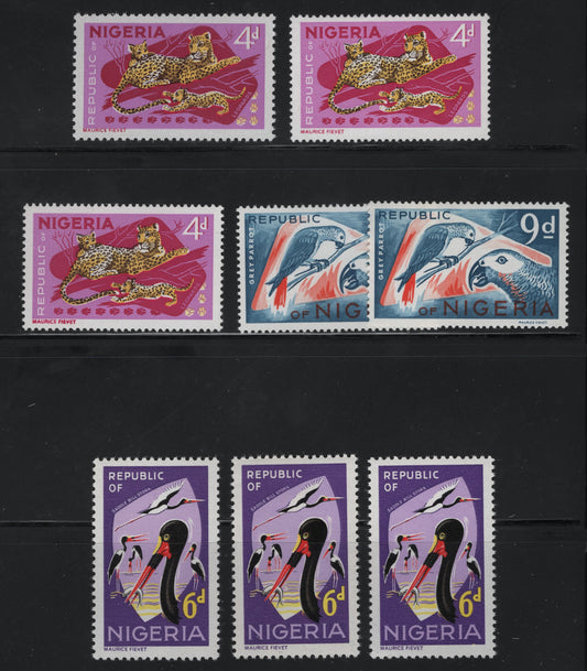 Lot 480 Nigeria #189-189a, 190-191 4d, 6d, 9d Multicoloured Leopards - Grey Parrots, 1965-1966 Wildlife Issue, 8 VFNH & VFOG Singles All With Different Front & Back Levels Of Fluorescence