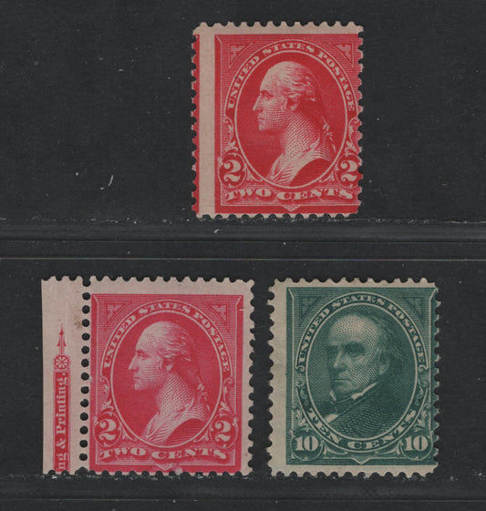 Lot 480 United States Of America #266, 273, 279f 2c, 10c Carmine Rose, Carmine & Deep Green Washington & Webster, 1895-1897 Watermarked First Bureau Issue, 3 VGOG Singles Including Carmine Rose Type II & Carmine Type IV Of The 2c