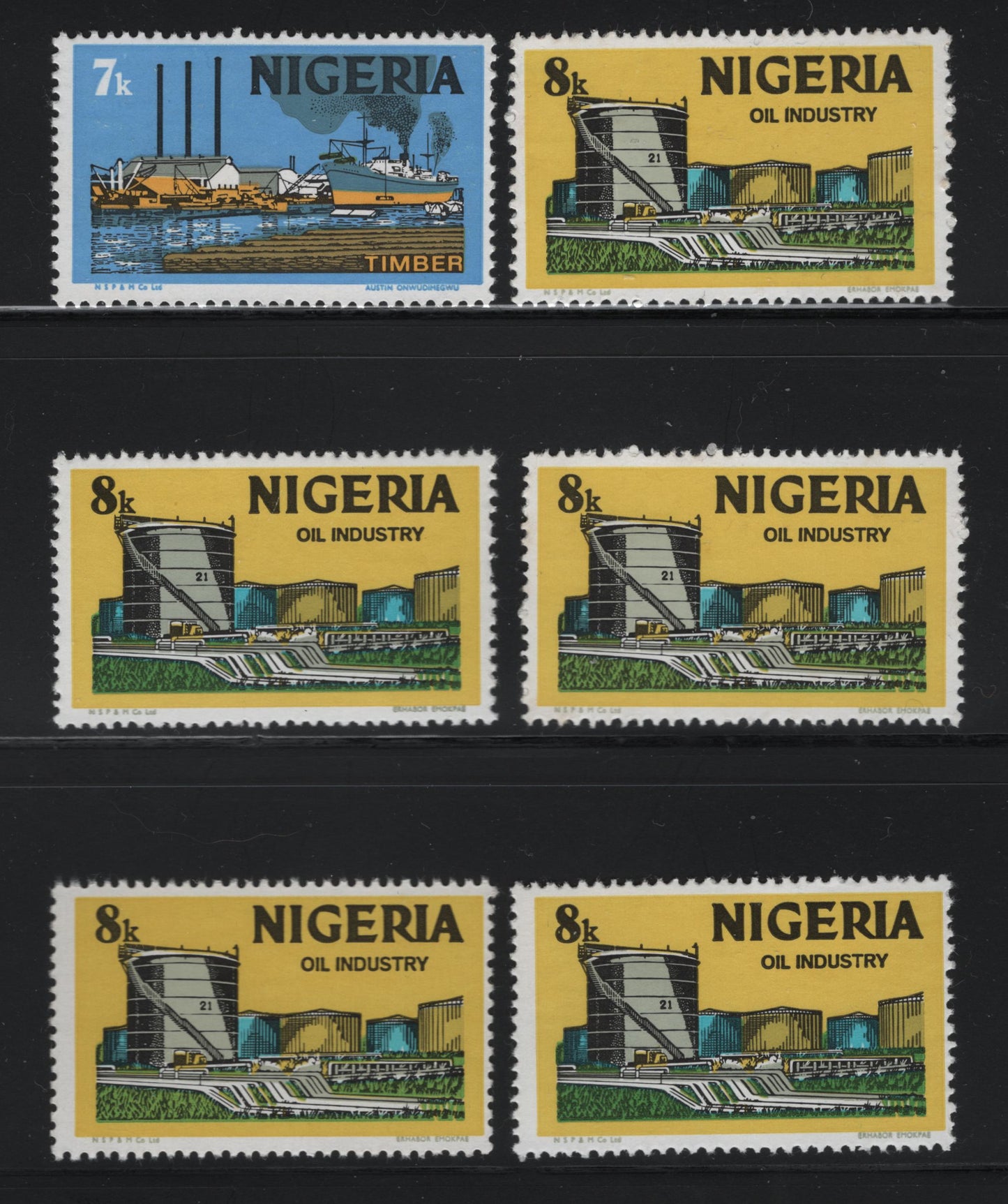 Lot 480 Nigeria #295a-296a 7k, 8k Multicoloured Timber & Oil Industry, 1975-1986 Nigerian Life & Industry Definitive Issue - Watermarked, 6 Fine & VFNH Singles On Different Papers With Different Shades, Different From Lot 479