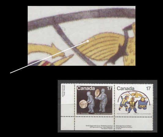 Lot 480 Canada #837ii, 838 17c Multicoloured, 1979 Inuit Community, A VFNH LL Inscription Pair With “Blue Scratch on Feather” Variety, From Position 47, On DF1/LF3 Paper