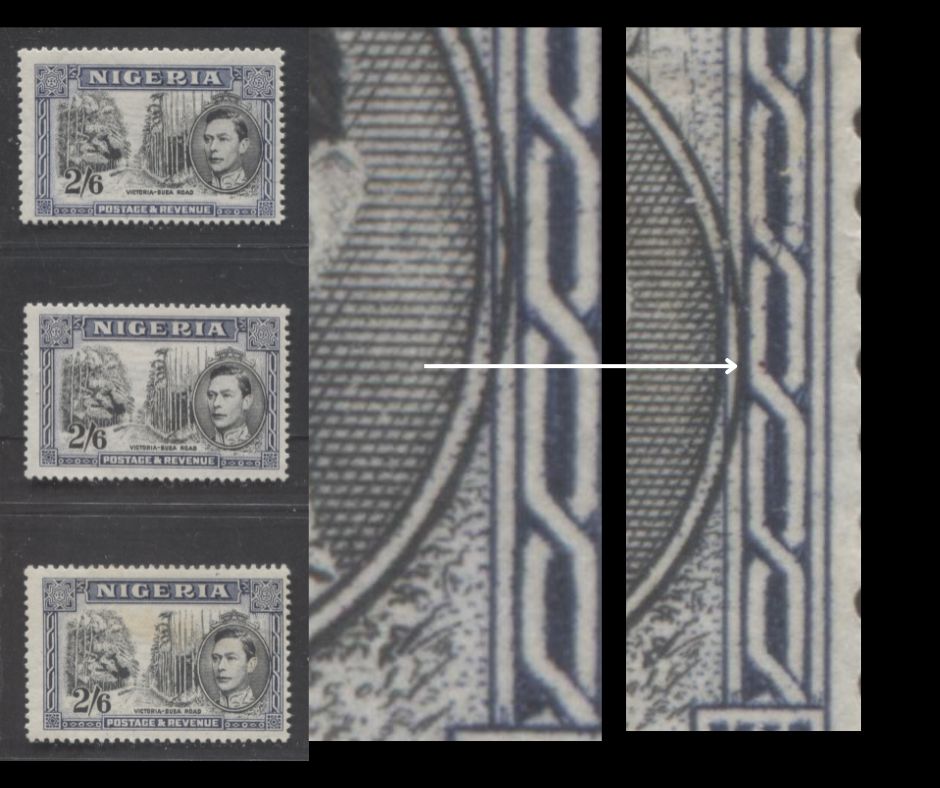 Lot 480 Nigeria #63avar (SG#58ab) 2/6d Black & Deep Blue, Blackish Blue & Indigo Blue King George VI & Buea Road, 1938-1952 King George VI Definitive Issue, 3 Fine OG Singles, Comb Perf. 13.5, 1947 Printings, 2 Stamps With Rightward Vignette Shift