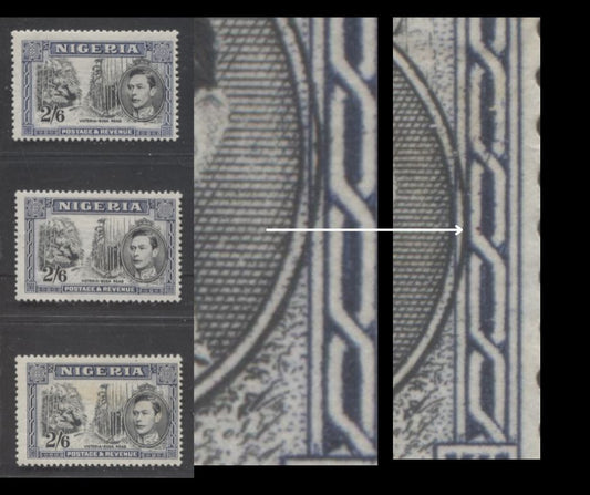 Lot 480 Nigeria #63avar (SG#58ab) 2/6d Black & Deep Blue, Blackish Blue & Indigo Blue King George VI & Buea Road, 1938-1952 King George VI Definitive Issue, 3 Fine OG Singles, Comb Perf. 13.5, 1947 Printings, 2 Stamps With Rightward Vignette Shift