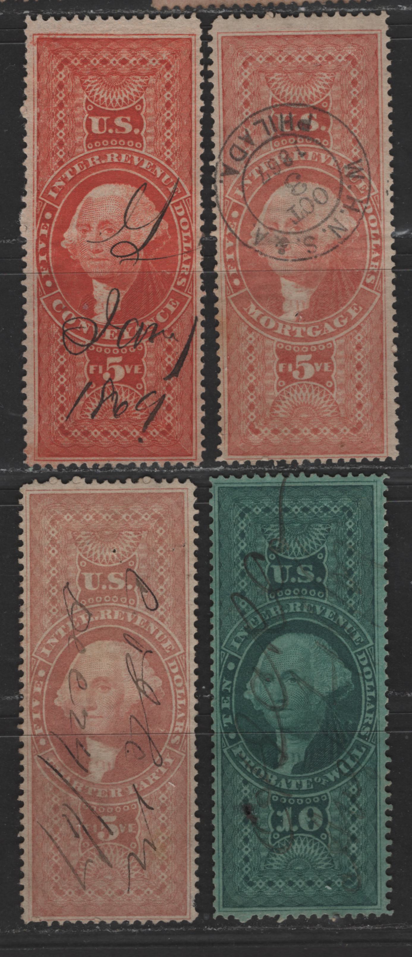 Lot 481 United States Of America #R89c, R91c, R88c, R96c $5-$10 Red, Dull Red, Green George Washington, 1862-1871 First Revenue Issue, 4 Good-Fine Used Singles Conveyance, Mortgage, Charter Party, Probate Of Will, All Perforated