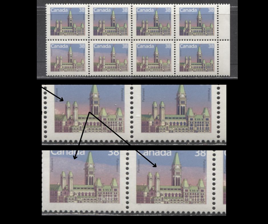 Lot 481 Canada #1165var 38c Multicoloured Parliament Buildings, 1988-1992 Mammal and Architecture Issue, A VFNH Right Sheet Margin Block Showing a Repellex Error Affecting The Bottom 4 Stamps, With 2022 VG Greene Certificate