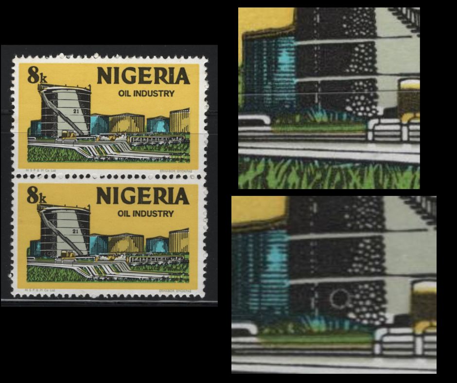 Lot 481 Nigeria #296a 8k Multicoloured Oil Industry, 1975-1986 Nigerian Life & Industry Definitive Issue - Watermarked, A VFNH Pair Showing Hole in Storage Tank, NF/HB Paper With Upright Wmk