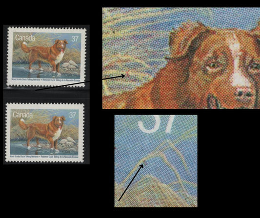 Lot 481 Canada #1218var 37c Multicoloured Duck Toiling Retriever, 1988 Dogs Of Canada Issue, 2 VFNH Singles Bug On Grass and Red Thread Above Reriever's Back, Potentially Tertiary Varieties