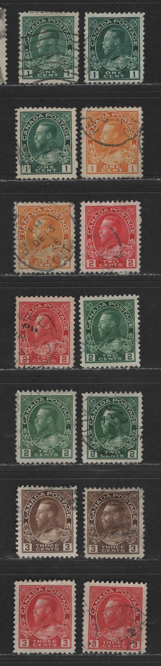 Lot 482 Canada #104/109d 1c-3c Dark Green - Rose Carmine King George V, 1911-1928 Admiral Issue, 12 VF Used Singles Various Shades, All Selected For Centering & Light Cancels