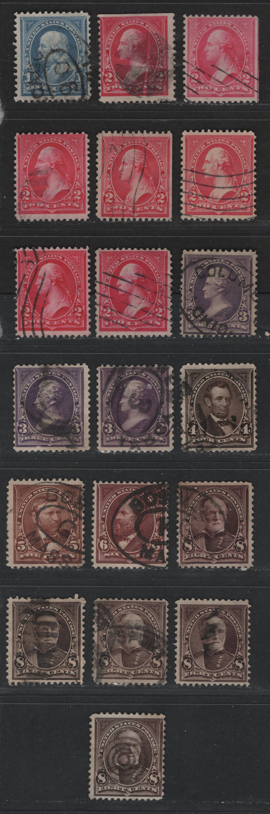 Lot 482 United States Of America #264/272 1c-8c Ultramarine - Blackish Violet Franklin - Sherman, 1895-1897 Watermarked First Bureau Issue, 19 Fine Used Singles Multiple Shade Varieties, Including Carmine Type I & Type III And Pink Type III Of The 2c