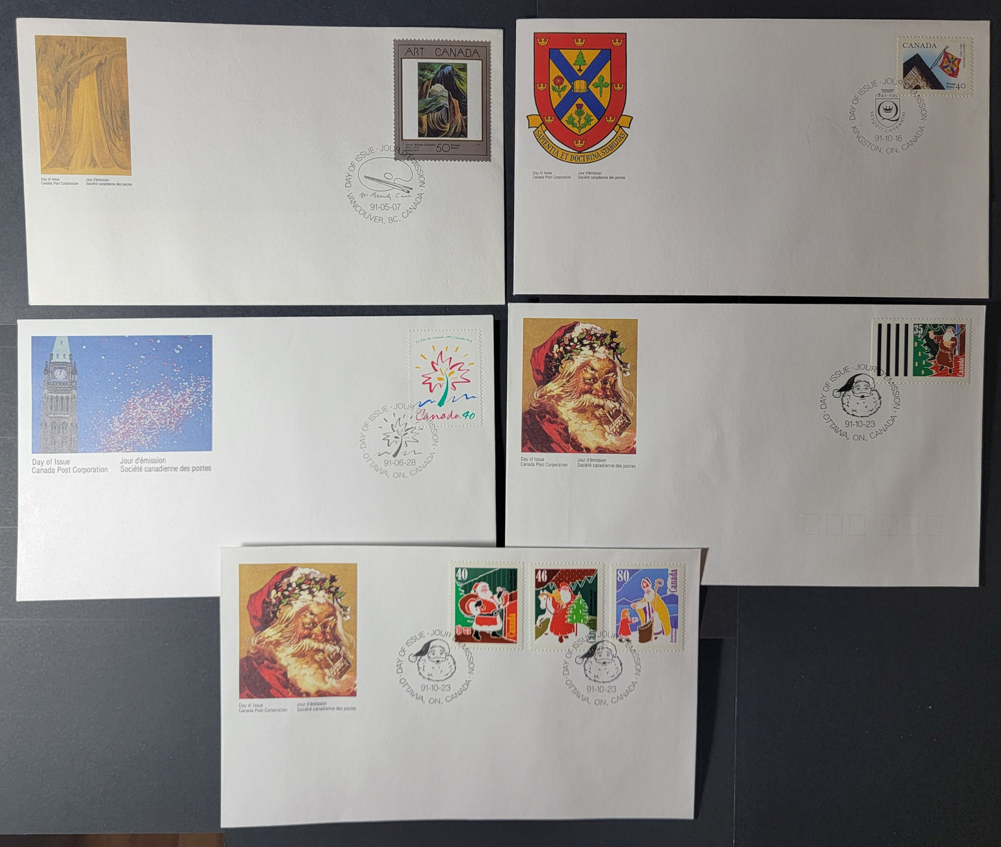 Canada #1310, 1316, 1338-1341 40c Multicoloured Forest, British Columbia - Father Christmas, 1991 Masterpieces Of Canadian Art - Christmas Issues, 5 VF Official Canada Post FDC's Fluorescent, MF, HF & HB White Envelopes, Franked With Singles