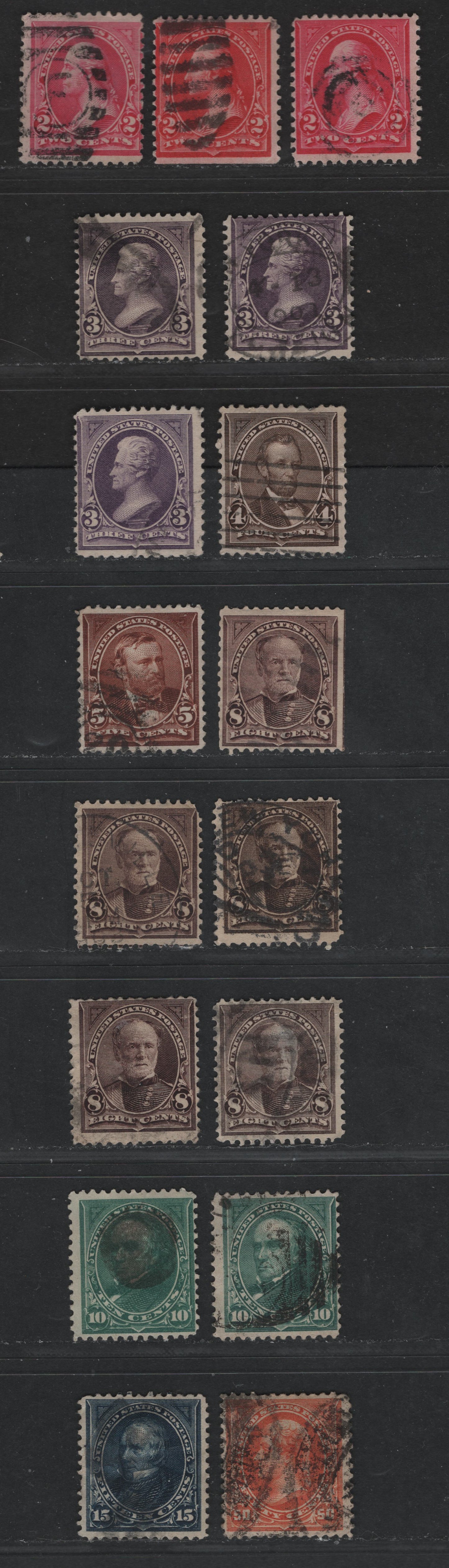 Lot 483 United States Of America #266/275 2c-50c Carmine Rose - Orange Washington - Jefferson, 1895-1897 Watermarked First Bureau Issue, 17 VG Used Singles Multiple Shade Varieties, Including Carmine  & Vermilion Type III Of The 2c