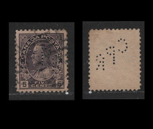 Lot 484 Canada #112i 5c Grey Violet King George V, 1911-1928 Admiral Issue, A VF Used Single Wet Printing With Upright CPR Perfin