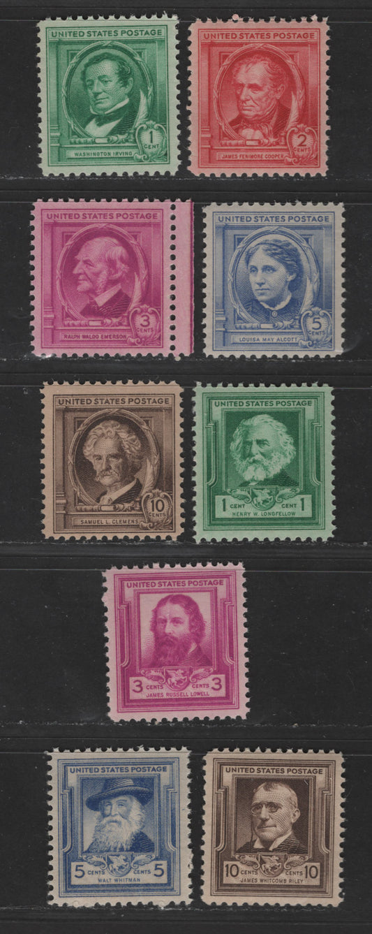 United States Of America #859/868 1c-10c Bright Blue Green - Dark Brown Authors & Poets, 1940 Famous Americans Issue, 9 Fine & VFNH Singles All VFNH Except 10c Mark Twain, Which Is Fine, Missing 2c Whittier