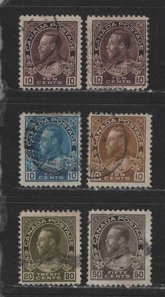 Lot 487 Canada #116-119c, 120 10c-20c Plum - Black Brown King George V, 1911-1928 Admiral Issue, 6 Fine Used Singles With 2 Shades Of The 10c Plum, Wet & Dry Printings