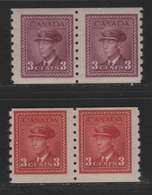 Canada #265-266 3c Carmine & Rose Violet King George VI, 1942-1949 War Issue, 2 Fine NH Coil Pairs On Horizontal Wove With Satin Cream Gum