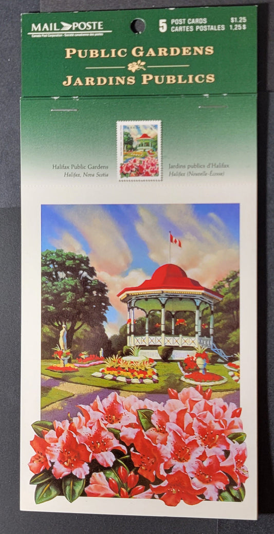 Canada #TPC15 40c Multicoloured The Butchart Gardens - Halifax Public Gardens, 1991 Public Gardens Issue, 5 VF Official Postcards Stapled Into A Hanging Pad Of 5, Cards Rouletted Along Tab