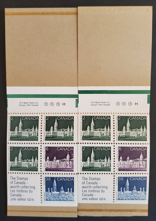Canada #BK100 (1188ai) 2c, 6c, 38c Slate Green - Blue Parliament Buildings, 1987-1991 Mammal & Architecture Issue, 2 VFNH Complete Booklets LF Panes, Goldenrod Covers, Green Bars 10.5 mm & 14 mm From Top Perfs