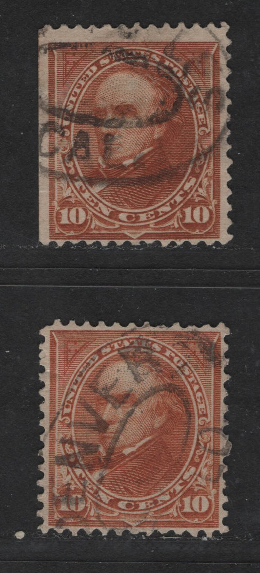 Lot 492 United States Of America #283a 10c Orange Brown Daniel Webster, 1897-1903 Watermarked First Bureau Issue Colour Changes, 2 Fine Used Singles Vertical (Sideways) Watermark, Two Shades