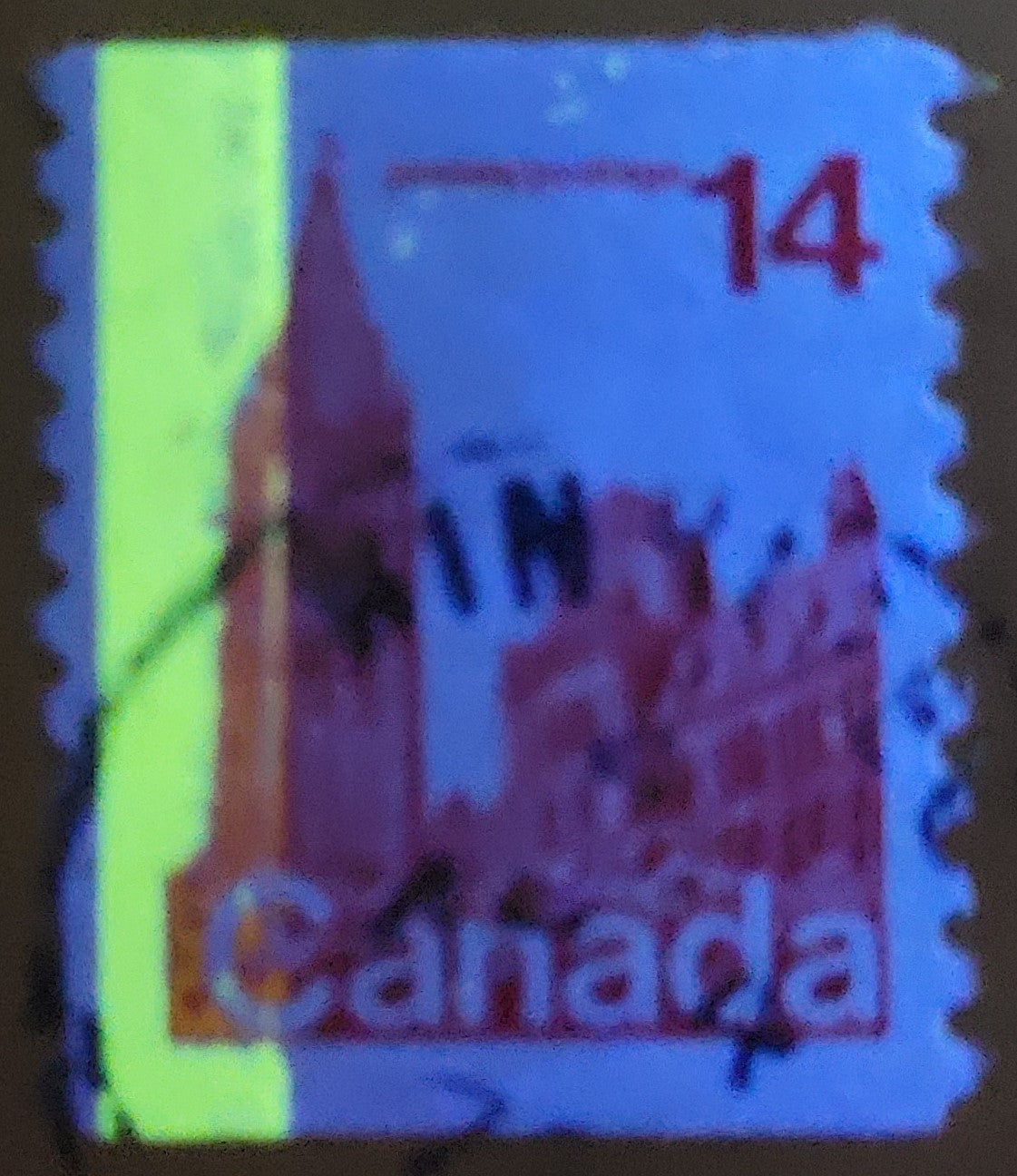 Lot 492 Canada #730ivT2 14c Rose Red Parliament Buildings, 1977-1982  Floral & Environment Issue, A VF Used Coil Single On LF3/LF3 Paper, Invisible Tag, G2aC Tagging Error