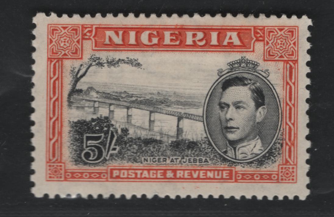 Nigeria #64cvar (SG#59var) 5/- Black & Reddish Orange King George VI & Niger Bridge, 1938-1952 King George VI Definitive Issue, A VFOG Single, Comb Perf. 13 x 11.5, 1938 Printing