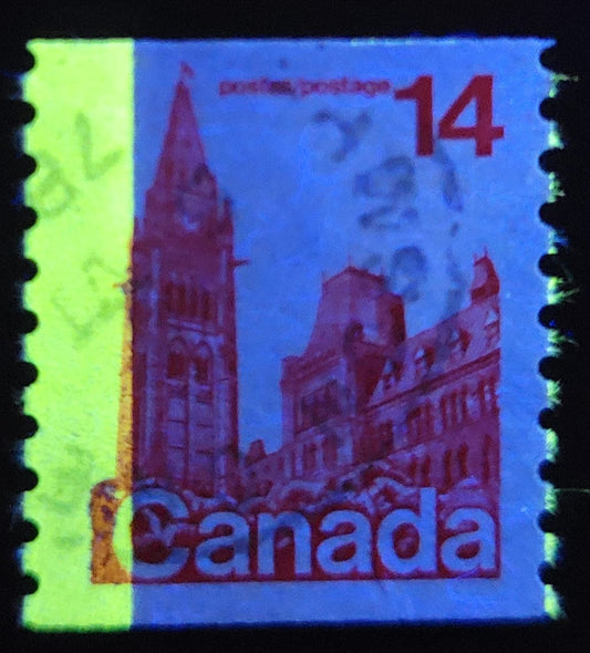 Canada #730T4 14c Red Parliament Buildings, 1977-1982  Floral & Environment Issue, A VF used Coil Single On LF3/LF3 Paper, Invisible Tag, G2aL Tagging Error