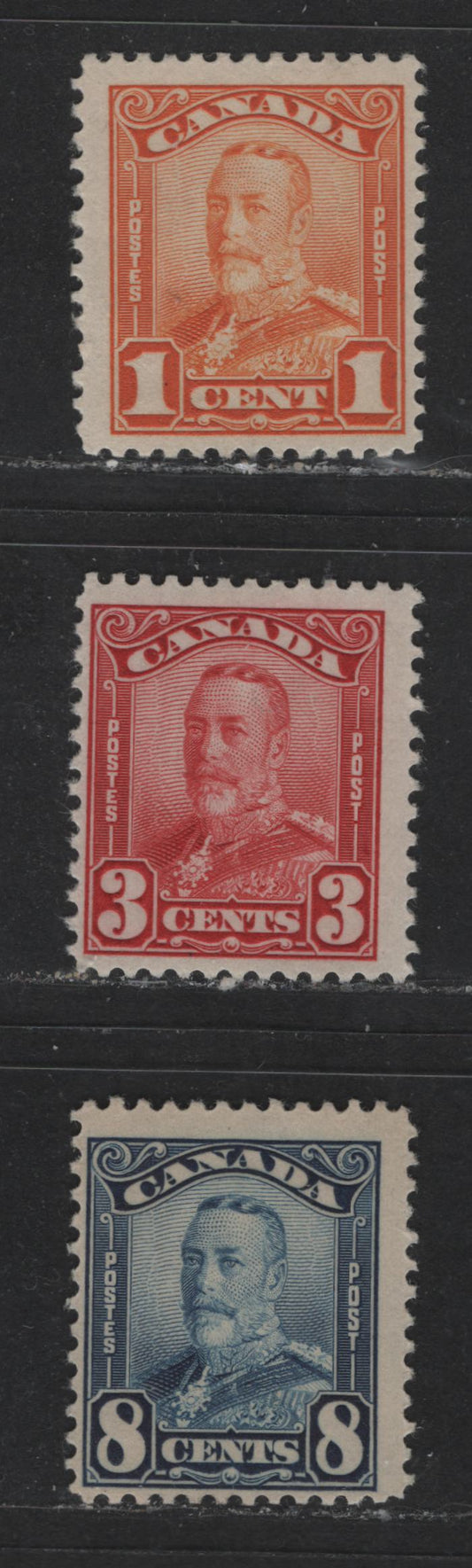 Lot 494 Canada #149, 151, 154 1c-8c Orange - Dark Blue King George V, 1928-1929 Scroll Issue, 3 Fine NH Singles