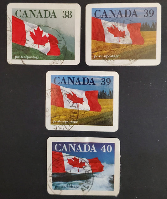 Canada #1191-1193 38c-40c Multicoloured Canadian Flag, 1987-1991 Mammal & Architecture Issue, 4 VF used Singles The Quick-Stick Stamps, Including Smooth & Ribbed Paper On The 39c