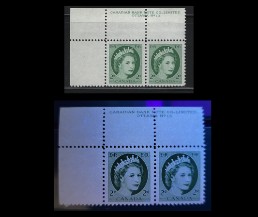 Lot 495 Canada #338v 2c Green Queen Elizabeth II, 1954-1962 Wilding Issue, A VFNH Plate 13 Pair On DF1 Greyish Flecked Vertical Ribbed Horizontal Wove Paper, Sparse Concentration Of LF Fibes, Streaky Semi-Gloss Gum