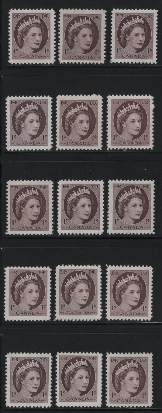 Canada #337 1c Violet Brown, Reddish Violet Brown & Chocolate Brown, 1954-1962 Wilding Issue, 15 VFNH Singles DF1 & DF2 Ribbed/Ribbed, DF1 Ribbed/Smooth, DF1 & DF2 Smooth/Smooth, And DF1 & DF2 Smooth/Ribbed Papers, Various Shades & Gums
