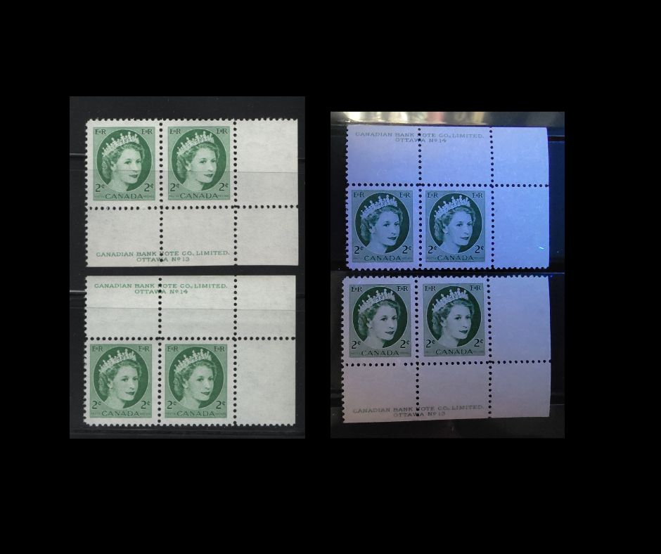 Lot 496 Canada #338ii, v 2c Green Queen Elizabeth II, 1954-1962 Wilding Issue, 2 VFNH LR Plate 13 & UR Plate 14 Pairs On DF1 Greyish Flecked & LF3 Greyish Flecked Papers