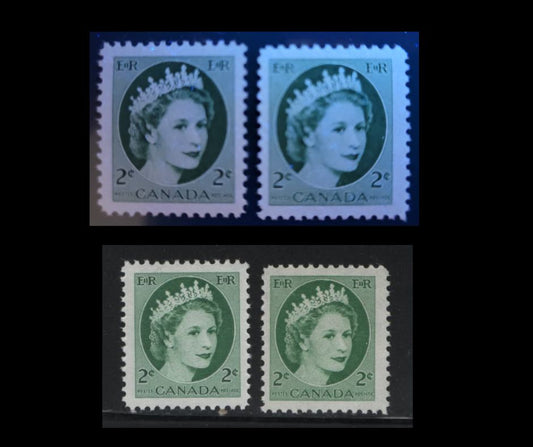 Canada #338ii, v 2c Green Queen Elizabeth II, 1954-1962 Wilding Issue, 2 Fine & VFNH Singles On DF1 Greyish Flecked & LF3 Greyish Flecked Papers