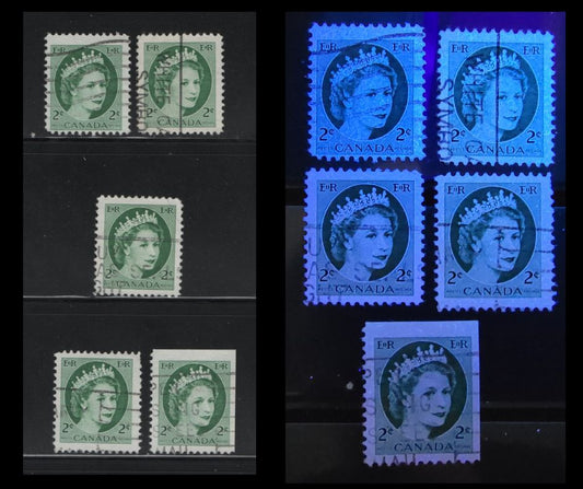 Lot 498 Canada #338ii, iii & var 2c Green Queen Elizabeth II, 1954-1962 Wilding Issue, 5 Fine Used Singles On HF, Fluorescent & LF Flecked Papers, And Fluorescent, Non-Flecked Papers