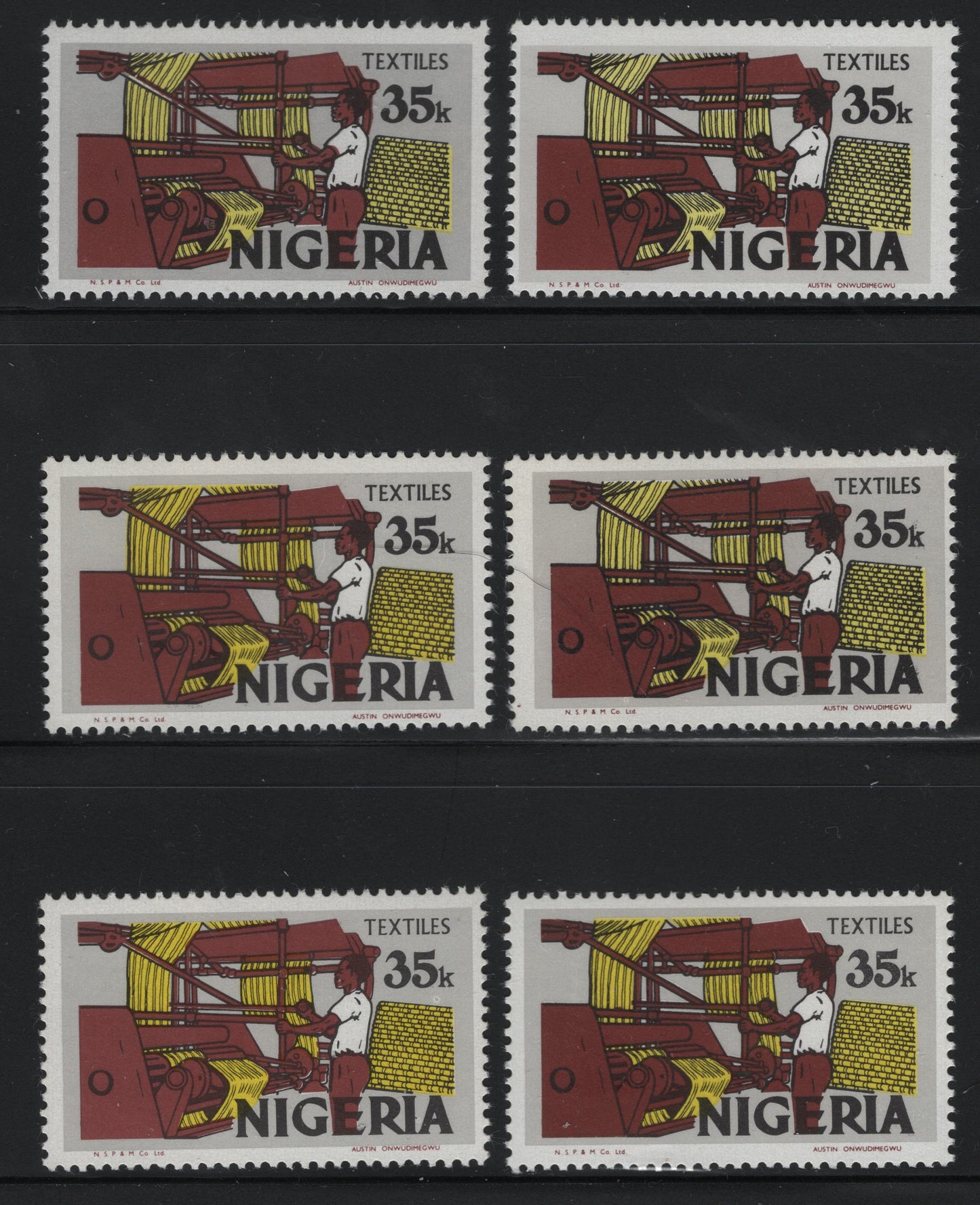 Lot 499 Nigeria #304 35k Textiles, 1973-1974 Nigerian Life & Industry Definitive Issue - Unwatermarked & Lithographed, 6 Fine & VFNH Singles Various Shiny PVA Gum Printings, Different Shades & Fluorescent Papers, Different From Lots 495 and 496