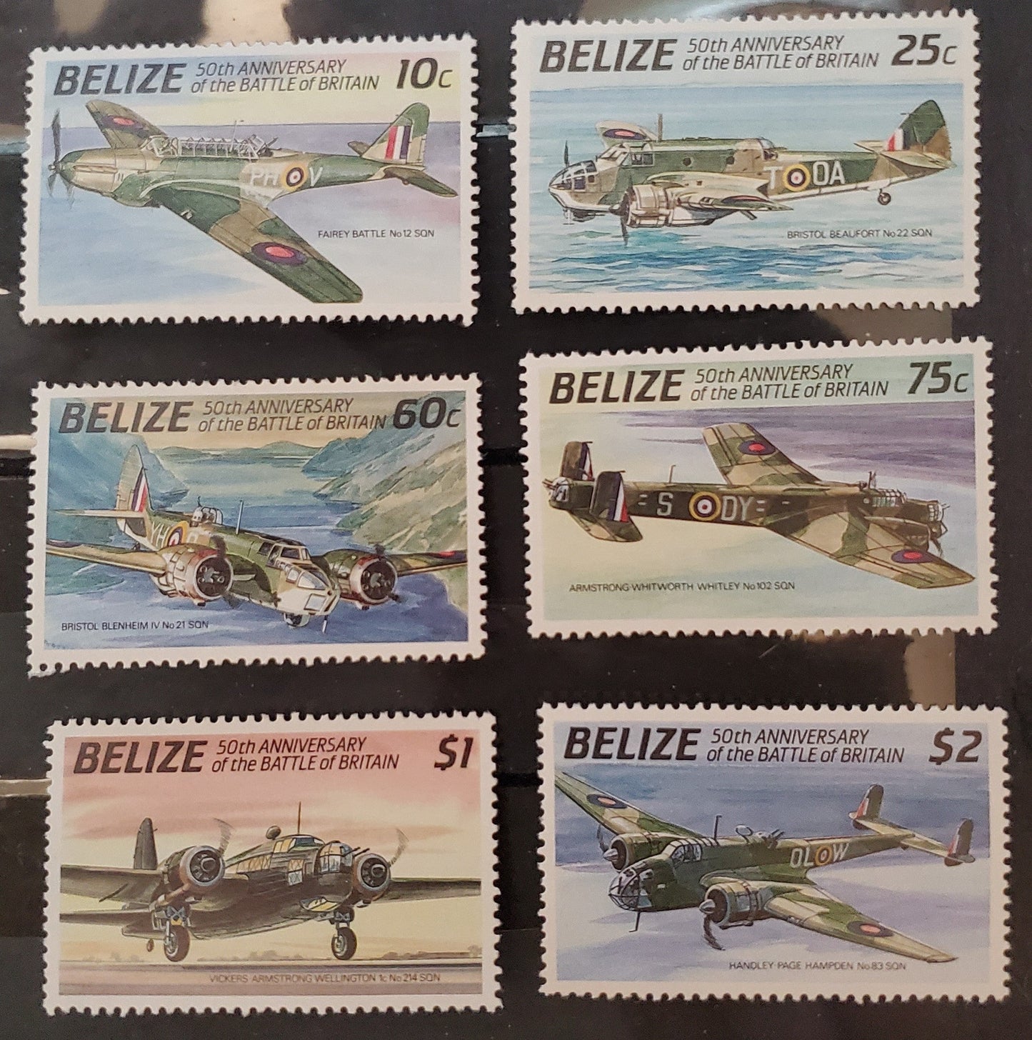 Lot  4 Belize SC#951-956 1990 50th Anniversary of Battle of Britain Issue, 6 VFNH Singles, Click on Listing to See ALL Pictures, 2017 Scott Cat. $26.65