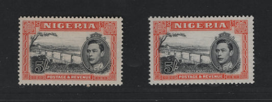 Lot 501 Nigeria #64var (SG#59avar) 5/- Black & Deep Reddish Orange/Deep Orange King George VI & Niger Bridge, 1938-1952 King George VI Definitive Issue, 2 Fine NH Singles, Comb Perf. 13.5, April 1944 Printings