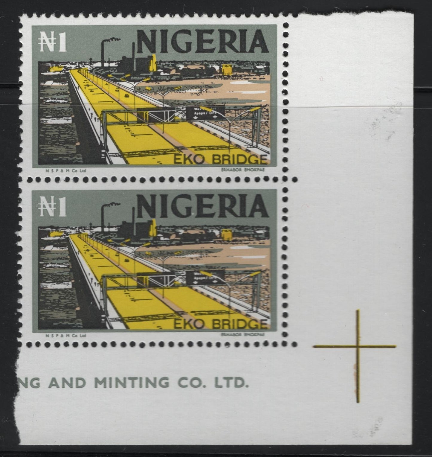 Lot 501 Nigeria #306 1N Multicoloured Eko Bridge, 1973-1974 Nigerian Life & Industry Definitive Issue - Unwatermarked & Lithographed, A VFNH Lower Right Inscription Pair NF/HF Paper, Shiny PVA Gum, Grey, Dull Flesh & Deep Yellow, Yellow Is Top Colour