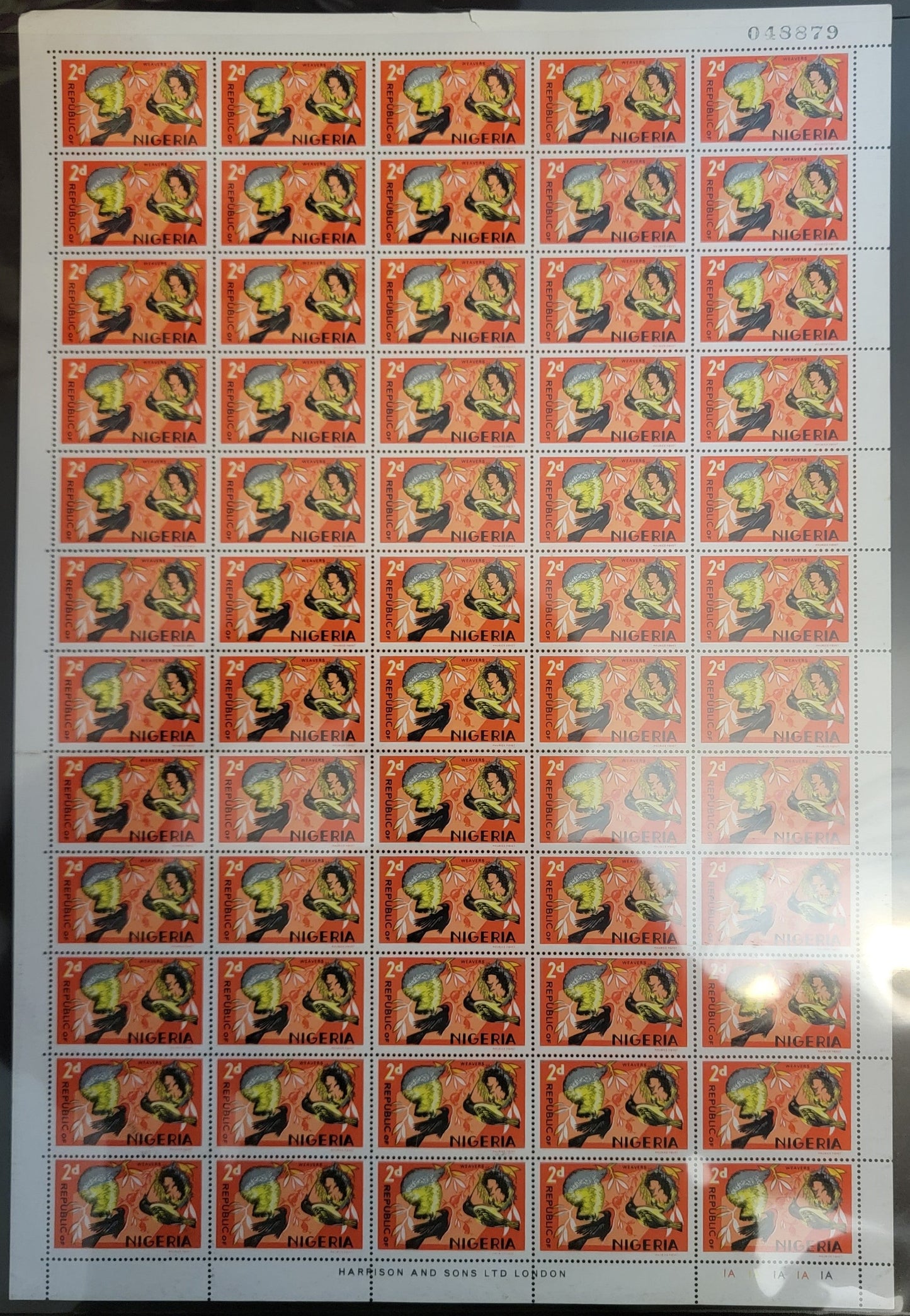 Lot 501 Nigeria #187 2d Multicoloured Weavers, 1965-1966 Wildlife Issue, A VFNH Complete Sheet Of 60 On HF/LF Vertically Ribbed Paper, With Streaky Dex Gum, Cylinder 1A