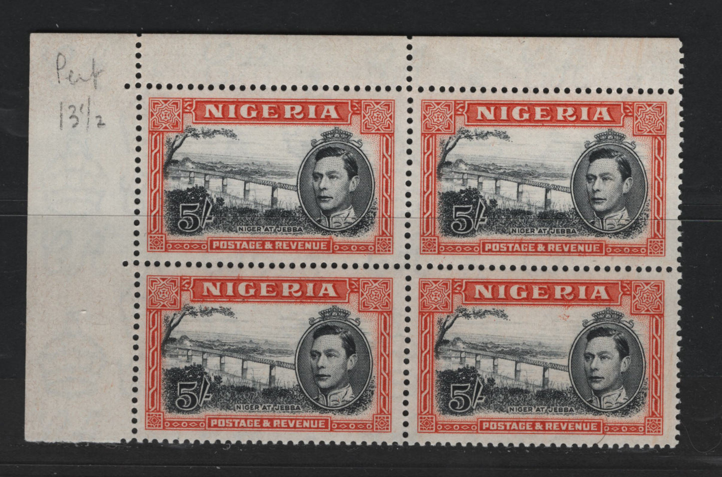 Lot 502 Nigeria #64var (SG#59avar) 5/- Black & Deep Reddish Orange King George VI & Niger Bridge, 1938-1952 King George VI Definitive Issue, A VFNH UL Corner Block, Comb Perf. 13.5, April 1944 Printings