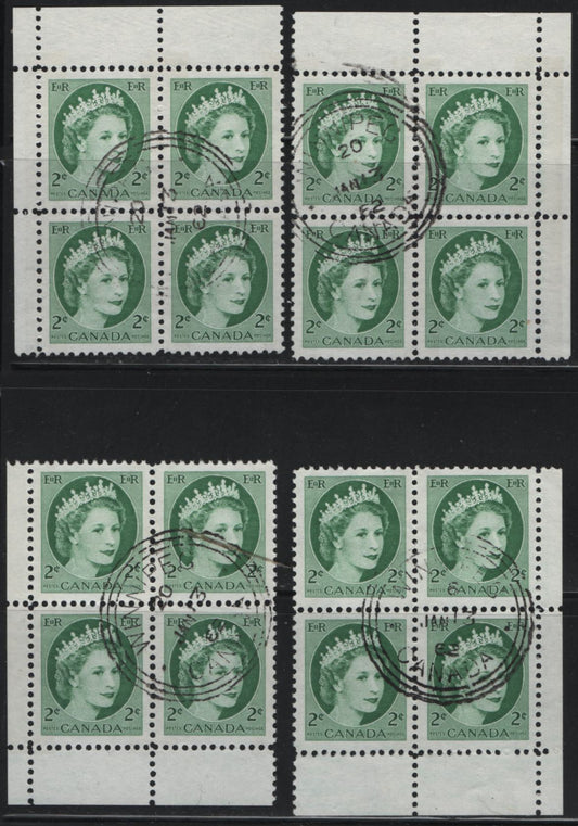 Lot 502 Canada #338p 2c Green Queen Elizabeth II, 1954-1962 Wilding Issue, 4 VF Used Matched Set Of Corner Blocks Winnipeg Tagged On DF1 Vertical Ribbed Paper