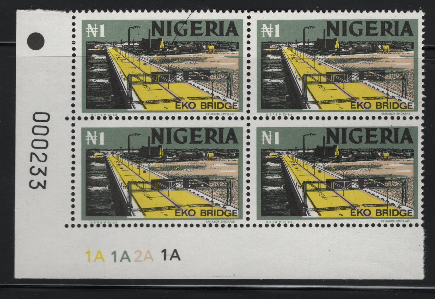 Lot 502 Nigeria #306 1N Eko Bridge, 1973-1974 Nigerian Life & Industry Definitive Issue - Unwatermarked & Lithographed, A VFNH Lower Left Cylinder Block HF/HB Paper, Shiny PVA Gum, Greenish Grey, Yellow & Flesh, Black Dot Under Smoke (Pos. 41)