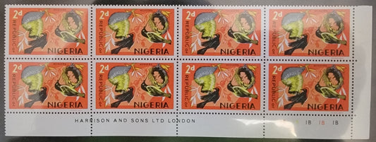 Lot 502 Nigeria #187 2d Multicoloured Weavers, 1965-1966 Wildlife Issue, A VFNH LR Cylinder Block Of 8 On HB/MF-fl Paper, Streaky Dex Gum, Cylinder 1B