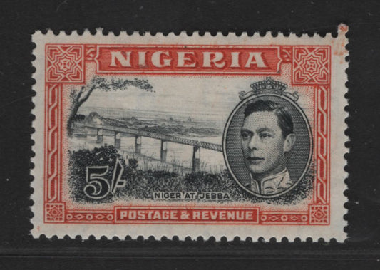 Lot 503 Nigeria #64var (SG#59avar) 5/- Intense Black & Red Orange King George VI & Niger Bridge, 1938-1952 King George VI Definitive Issue, A VFNH Single, Comb Perf. 13.5, 1946-1947 Printing