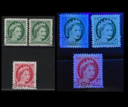 Lot 503 Canada #338pvar, 338p, 339pvar 2c-3c Green & Cerise Queen Elizabeth II, 1954-1962 Wilding Issue, 3 VF Used Singles Bright Winnipeg Experimental Tagging, Used Before Issue In 1961, Unlisted On Adminware & Unitrade