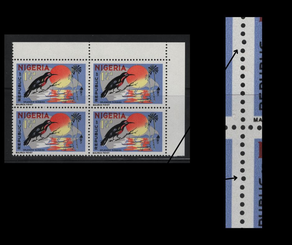 Lot 503 Nigeria #186 1.5d Multicoloured Splendid Sunbird, 1965-1966 Wildlife Issue, A VFNH UR Sheet Margin Block Of 4 On HF/MF Paper, Showing Misalignment of Vertical Perfs