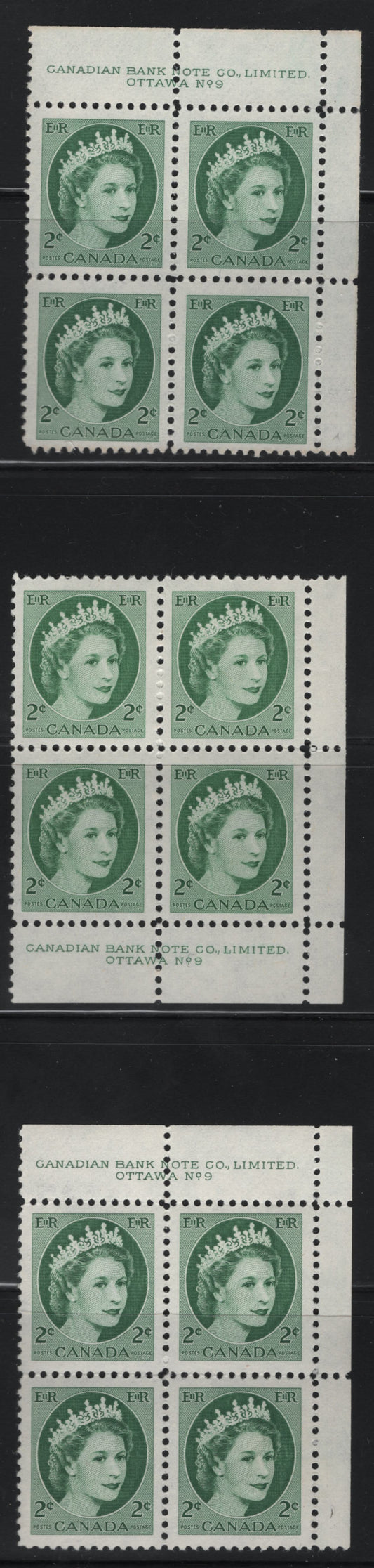 Lot 504 Canada #338 2c Deep Green, Myrtle Green & Light Green Queen Elizabeth II, 1954-1962 Wilding Issue, 3 VFNH LR & UR Plate 9n Blocks of 4 On DF1 Grayish Smooth/Smooth Papers, Streaky Semi-Gloss & Streaky Satin Gums