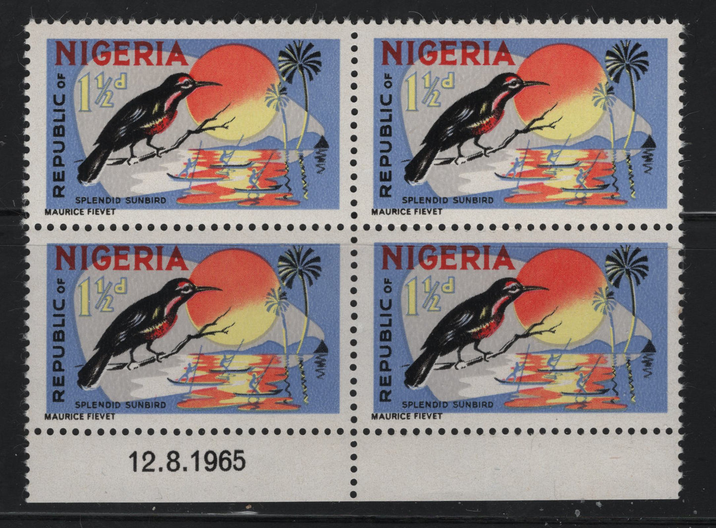 Lot 504 Nigeria #186 1.5d Multicoloured Splendid Sunbird, 1965-1966 Wildlife Issue, A VFNH Bottom Sheet Margin Block Of 4 On MF/F Paper, Showing December 8, 1965 Printing Date