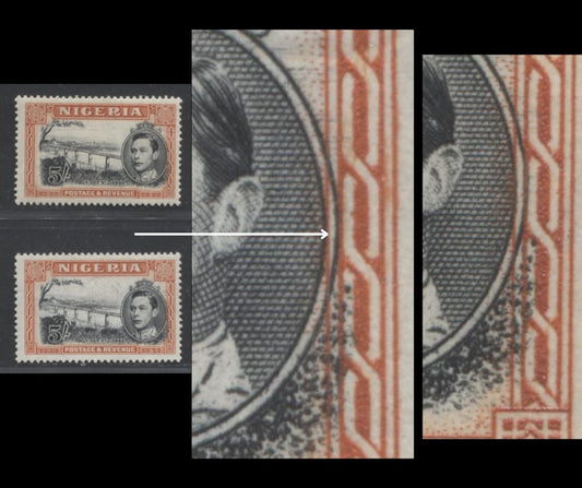 Lot 504 Nigeria #64var (SG#59avar) 5/- Intense Black & Red Orange/Deep Red Orange King George VI & Niger Bridge, 1938-1952 King George VI Definitive Issue, 2 Fine OG Singles, Comb Perf. 13.5, 1946-1947 Printing, Prominent Rightward Vignette Shift