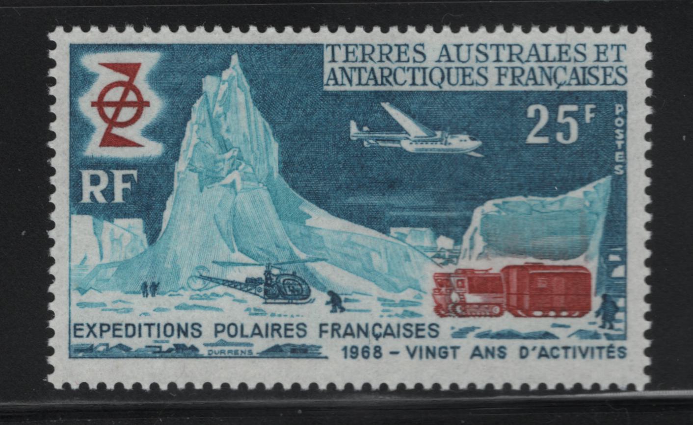 Lot 505 French Southern & Antarctic Territory #33 25f Multicoloured Airplane, Helecopter & Muskeg, 1968 Polar Expeditions Issue,  VFLH Single